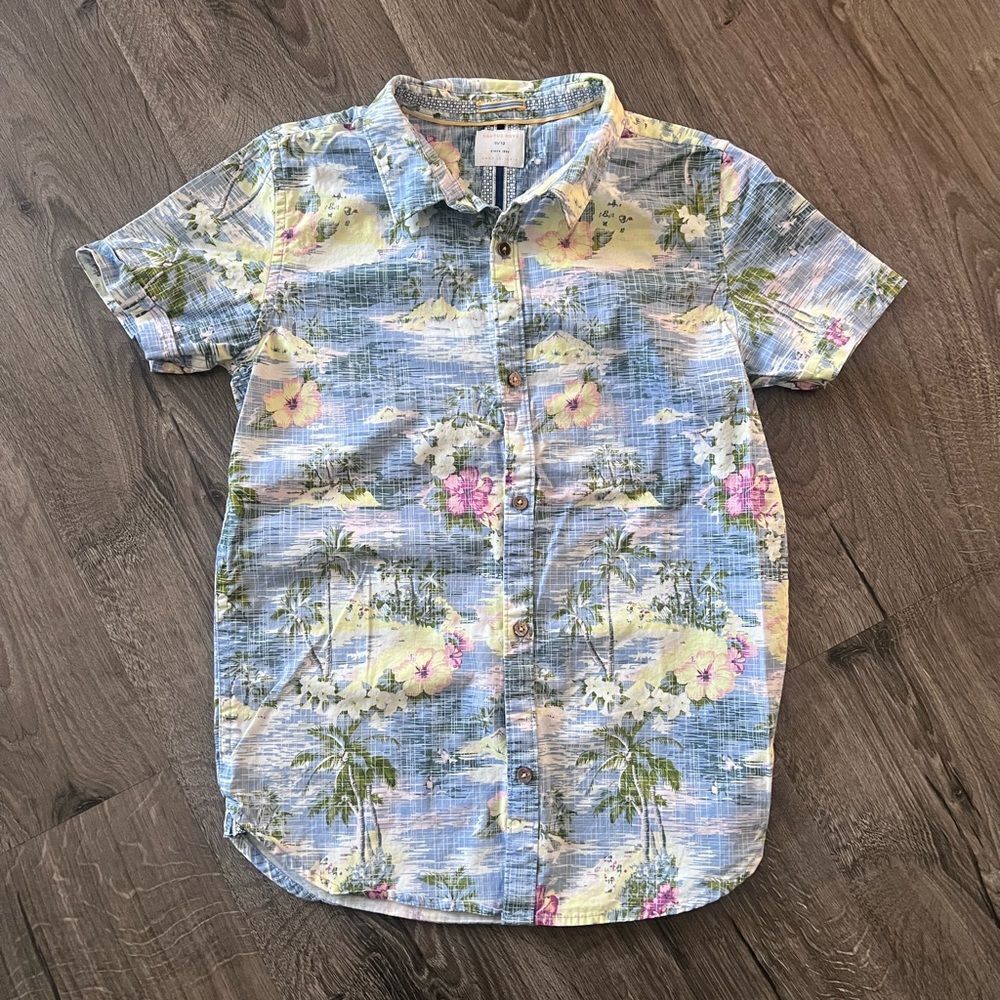 Cactus Boys Blue Hawaiian Print Summer Button Up Shirt Short Sleeve Sz 11 /12